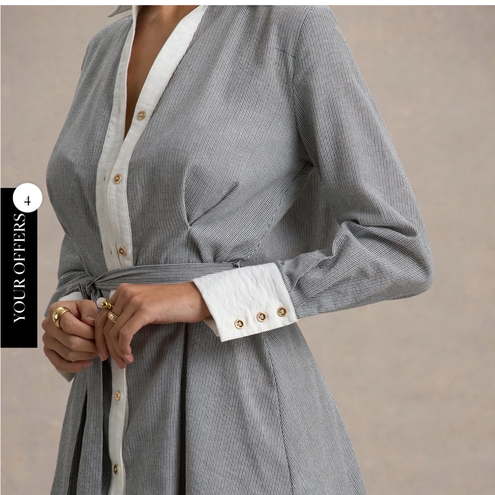 Club L BEATRIZ Grey Linen Pinstripe Mini Shirt Dress Long Sleeves Belted Sz 2 - Picture 3 of 15